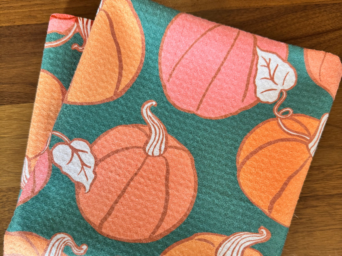 Pumpkins on Green Kitchen Towel