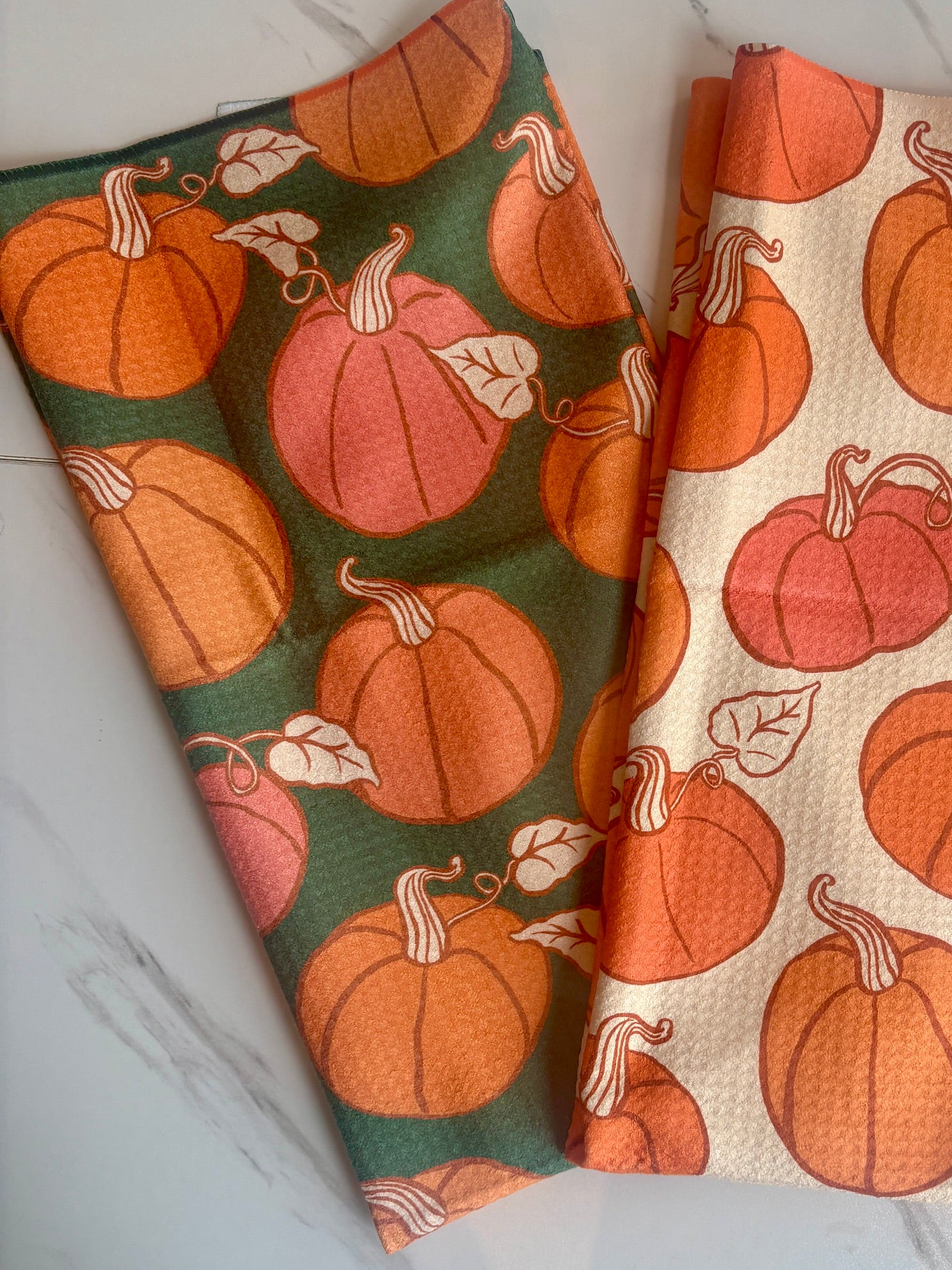 Pumpkins on Green Kitchen Towel